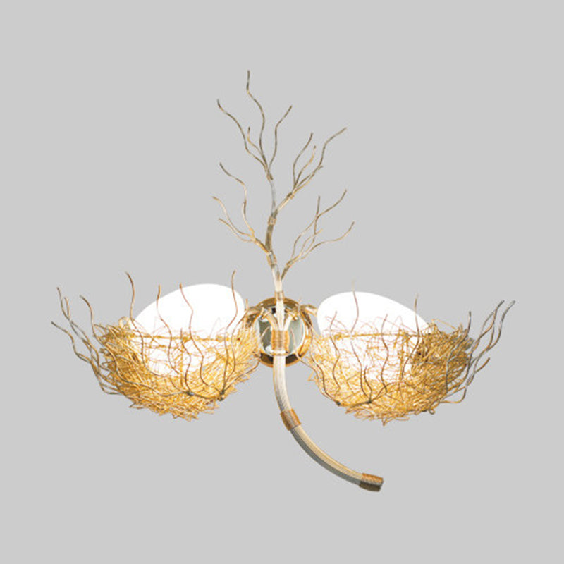 Egg Sconce Light with Gold Nest Design Postmodern White Glass 1 Light Bedside Wall Mounted Light, 19.5"/25.5" Wide Clearhalo 'Wall Lamps & Sconces' 'Wall Lights' Lighting' 210311