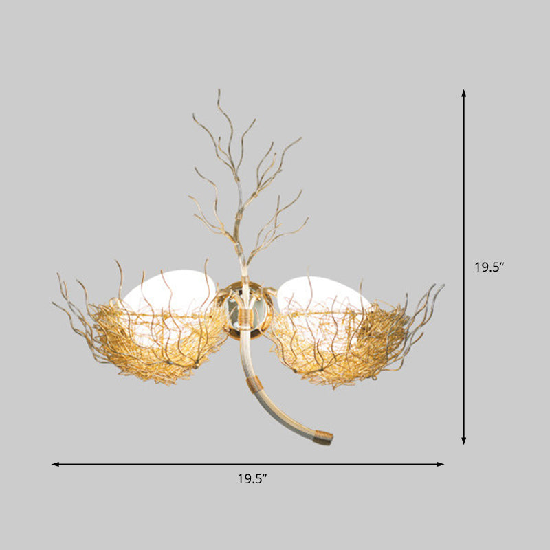 Egg Sconce Light with Gold Nest Design Postmodern White Glass 1 Light Bedside Wall Mounted Light, 19.5"/25.5" Wide Clearhalo 'Wall Lamps & Sconces' 'Wall Lights' Lighting' 210314