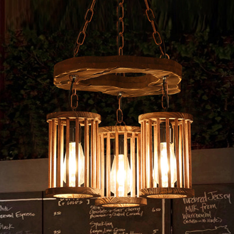 3-Light Wood Hanging Chandelier Industrial Black Cylinder Dining Room Pendant Light Fixture with Chain Wood Clearhalo 'Carpenter Chandeliers' 'Ceiling Lights' 'Chandeliers' 'Industrial Chandeliers' 'Industrial' 'Middle Century Chandeliers' 'Modern' 'Tiffany' Lighting' 210401