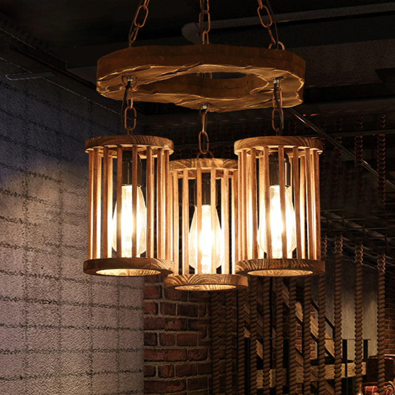 3-Light Wood Hanging Chandelier Industrial Black Cylinder Dining Room Pendant Light Fixture with Chain Clearhalo 'Carpenter Chandeliers' 'Ceiling Lights' 'Chandeliers' 'Industrial Chandeliers' 'Industrial' 'Middle Century Chandeliers' 'Modern' 'Tiffany' Lighting' 210402