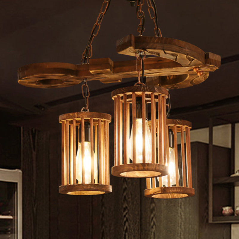 Cylinder Shade Wood Light Chandelier Industrial 3-Light Dining Room Pendant Lighting with Chain Clearhalo 'Carpenter Chandeliers' 'Ceiling Lights' 'Chandeliers' 'Industrial Chandeliers' 'Industrial' 'Middle Century Chandeliers' 'Modern' 'Tiffany' Lighting' 210407