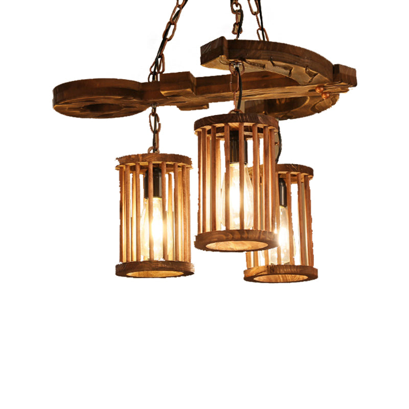 Cylinder Shade Wood Light Chandelier Industrial 3-Light Dining Room Pendant Lighting with Chain Clearhalo 'Carpenter Chandeliers' 'Ceiling Lights' 'Chandeliers' 'Industrial Chandeliers' 'Industrial' 'Middle Century Chandeliers' 'Modern' 'Tiffany' Lighting' 210408