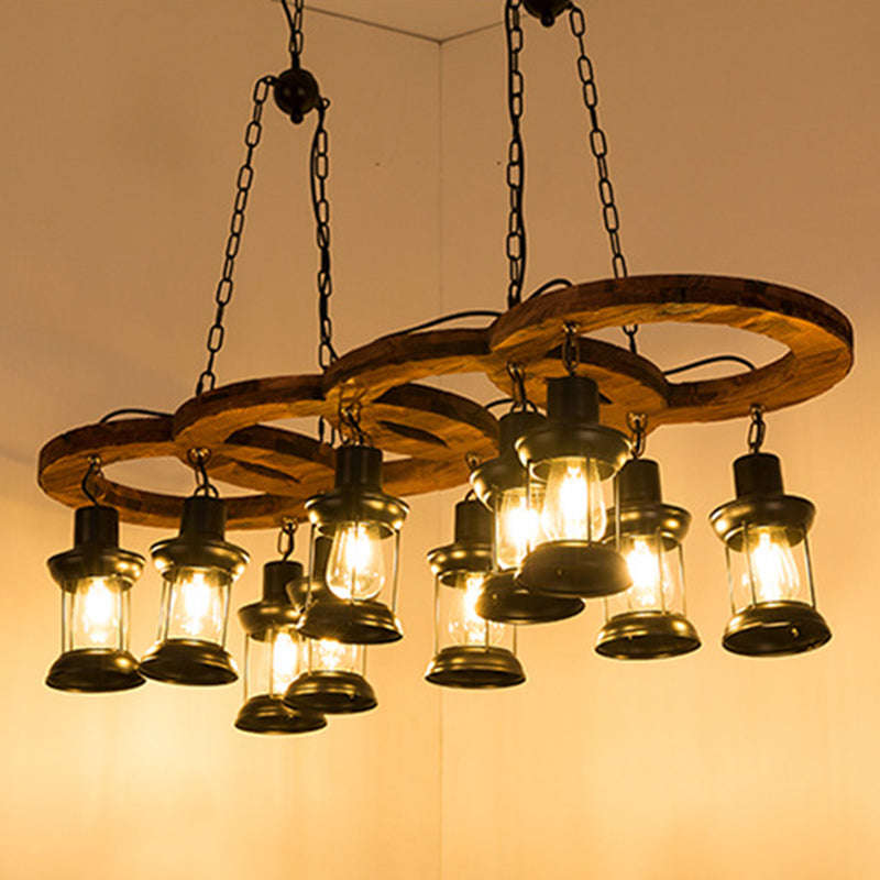 Black 10 Lights Chandelier Light Fixture Vintage Clear Glass Lantern Pendant Lamp with Wooden Shelf Black Clearhalo 'Carpenter Chandeliers' 'Ceiling Lights' 'Chandeliers' 'Industrial Chandeliers' 'Industrial' 'Middle Century Chandeliers' 'Modern' 'Tiffany' Lighting' 210422