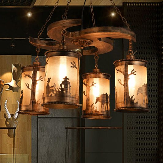 Bronze Cylinder Chandelier Lamp Vintage Metal 4-Light Dining Room Hanging Light with Wooden Shelf and Fabric Clearhalo 'Cast Iron' 'Ceiling Lights' 'Chandeliers' 'Industrial Chandeliers' 'Industrial' 'Metal' 'Middle Century Chandeliers' 'Rustic Chandeliers' 'Tiffany' Lighting' 210436