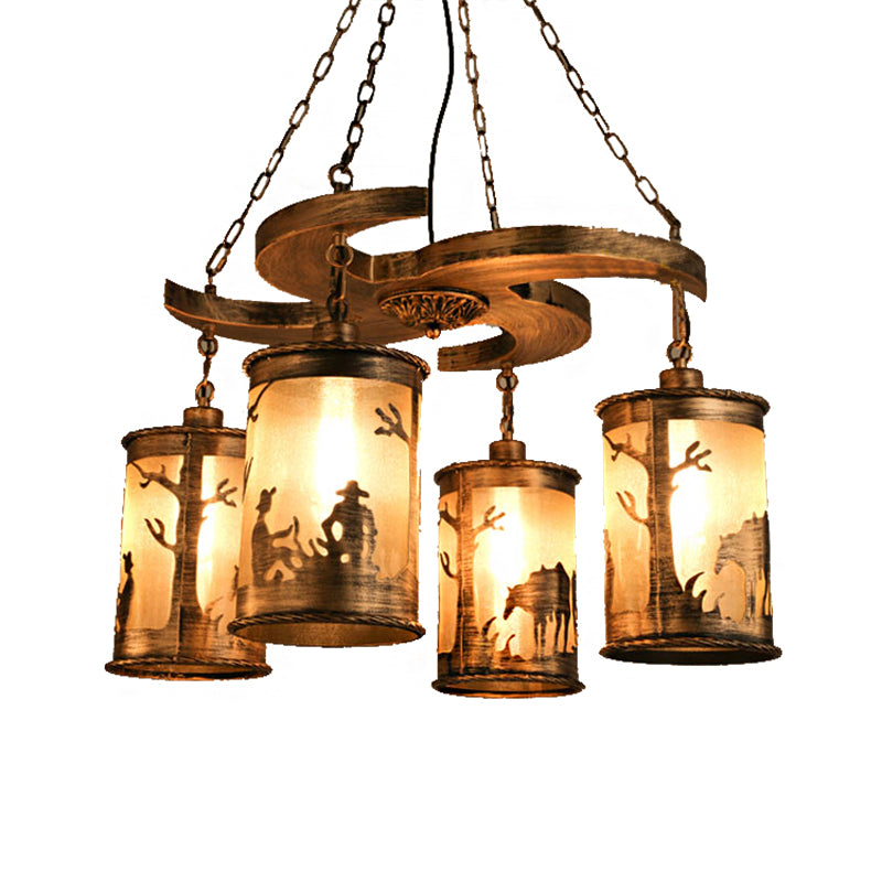 Bronze Cylinder Chandelier Lamp Vintage Metal 4-Light Dining Room Hanging Light with Wooden Shelf and Fabric Clearhalo 'Cast Iron' 'Ceiling Lights' 'Chandeliers' 'Industrial Chandeliers' 'Industrial' 'Metal' 'Middle Century Chandeliers' 'Rustic Chandeliers' 'Tiffany' Lighting' 210437