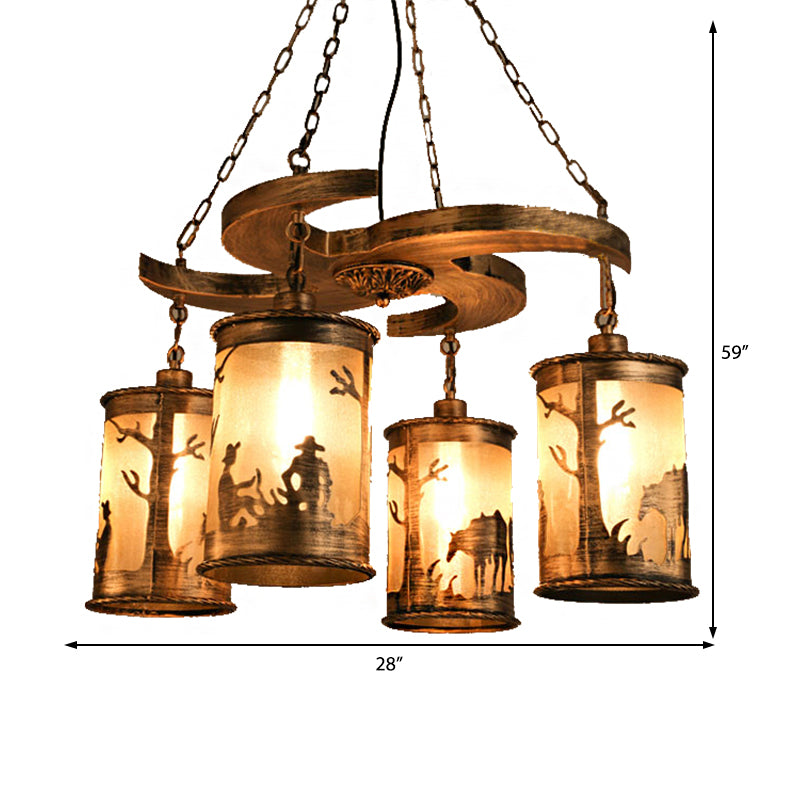 Bronze Cylinder Chandelier Lamp Vintage Metal 4-Light Dining Room Hanging Light with Wooden Shelf and Fabric Clearhalo 'Cast Iron' 'Ceiling Lights' 'Chandeliers' 'Industrial Chandeliers' 'Industrial' 'Metal' 'Middle Century Chandeliers' 'Rustic Chandeliers' 'Tiffany' Lighting' 210438