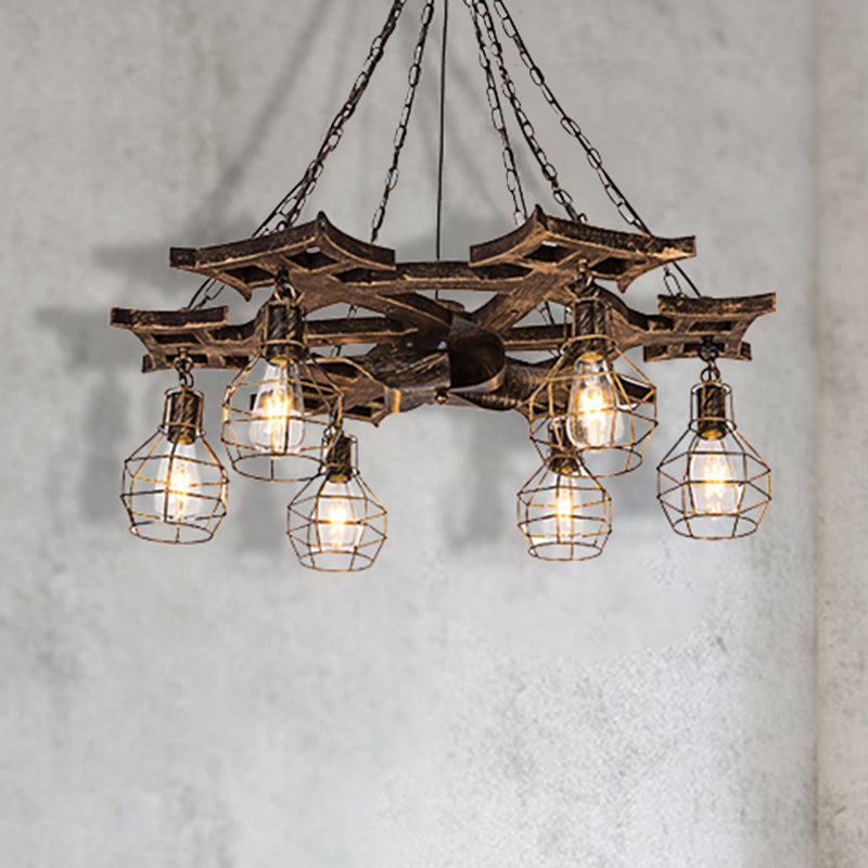 6 Bulbs Globe Chandelier Light Vintage Bronze Metal Hanging Ceiling Fixture with Cage Bronze Clearhalo 'Cast Iron' 'Ceiling Lights' 'Chandeliers' 'Industrial Chandeliers' 'Industrial' 'Metal' 'Middle Century Chandeliers' 'Rustic Chandeliers' 'Tiffany' Lighting' 210472