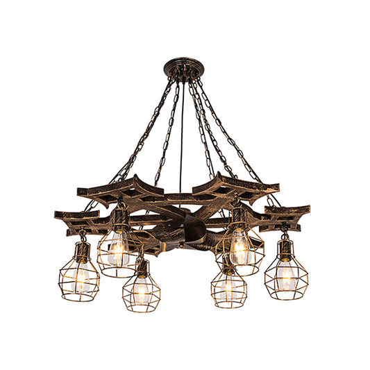 6 Bulbs Globe Chandelier Light Vintage Bronze Metal Hanging Ceiling Fixture with Cage Clearhalo 'Cast Iron' 'Ceiling Lights' 'Chandeliers' 'Industrial Chandeliers' 'Industrial' 'Metal' 'Middle Century Chandeliers' 'Rustic Chandeliers' 'Tiffany' Lighting' 210474
