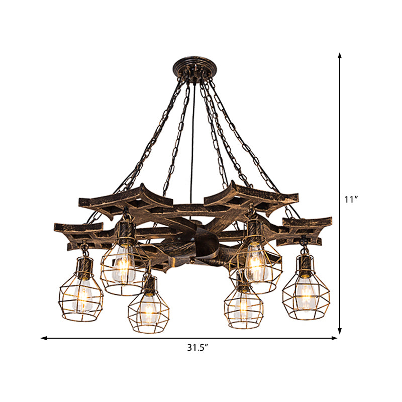 6 Bulbs Globe Chandelier Light Vintage Bronze Metal Hanging Ceiling Fixture with Cage Clearhalo 'Cast Iron' 'Ceiling Lights' 'Chandeliers' 'Industrial Chandeliers' 'Industrial' 'Metal' 'Middle Century Chandeliers' 'Rustic Chandeliers' 'Tiffany' Lighting' 210475