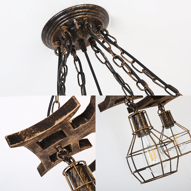 6 Bulbs Globe Chandelier Light Vintage Bronze Metal Hanging Ceiling Fixture with Cage Clearhalo 'Cast Iron' 'Ceiling Lights' 'Chandeliers' 'Industrial Chandeliers' 'Industrial' 'Metal' 'Middle Century Chandeliers' 'Rustic Chandeliers' 'Tiffany' Lighting' 210476