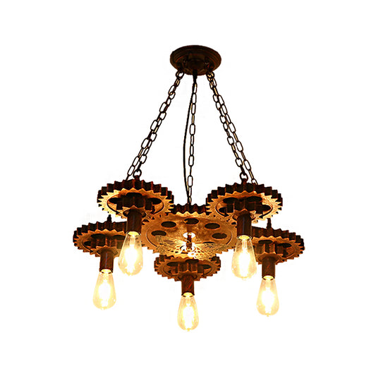 Metal Rust Pendant Lamp Wagon Wheel 5-Light Industrial Chandelier Light Fixture with Chain Clearhalo 'Cast Iron' 'Ceiling Lights' 'Chandeliers' 'Industrial Chandeliers' 'Industrial' 'Metal' 'Middle Century Chandeliers' 'Rustic Chandeliers' 'Tiffany' Lighting' 210479