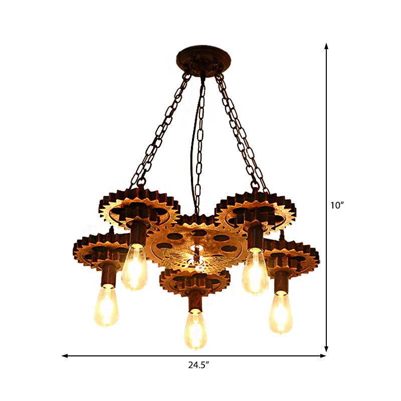 Metal Rust Pendant Lamp Wagon Wheel 5-Light Industrial Chandelier Light Fixture with Chain Clearhalo 'Cast Iron' 'Ceiling Lights' 'Chandeliers' 'Industrial Chandeliers' 'Industrial' 'Metal' 'Middle Century Chandeliers' 'Rustic Chandeliers' 'Tiffany' Lighting' 210480