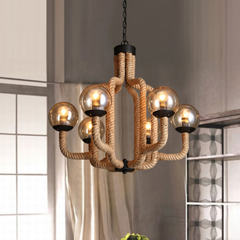 Globe Living Room Pendant Chandelier Industrial Rope 6 Lights Beige Hanging Fixture with Glass Shade Beige Clearhalo 'Ceiling Lights' 'Chandeliers' 'Industrial Chandeliers' 'Industrial' 'Middle Century Chandeliers' 'Tiffany' Lighting' 210481
