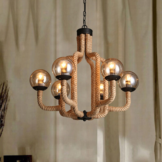 Globe Living Room Pendant Chandelier Industrial Rope 6 Lights Beige Hanging Fixture with Glass Shade Clearhalo 'Ceiling Lights' 'Chandeliers' 'Industrial Chandeliers' 'Industrial' 'Middle Century Chandeliers' 'Tiffany' Lighting' 210482