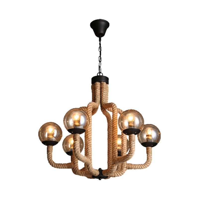 Globe Living Room Pendant Chandelier Industrial Rope 6 Lights Beige Hanging Fixture with Glass Shade Clearhalo 'Ceiling Lights' 'Chandeliers' 'Industrial Chandeliers' 'Industrial' 'Middle Century Chandeliers' 'Tiffany' Lighting' 210483