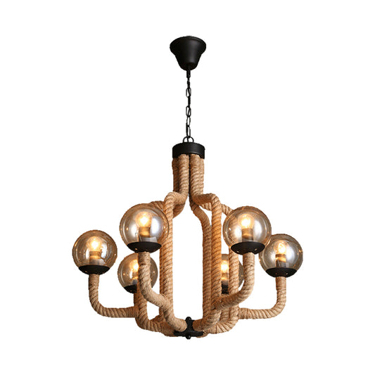 Globe Living Room Pendant Chandelier Industrial Rope 6 Lights Beige Hanging Fixture with Glass Shade Clearhalo 'Ceiling Lights' 'Chandeliers' 'Industrial Chandeliers' 'Industrial' 'Middle Century Chandeliers' 'Tiffany' Lighting' 210483