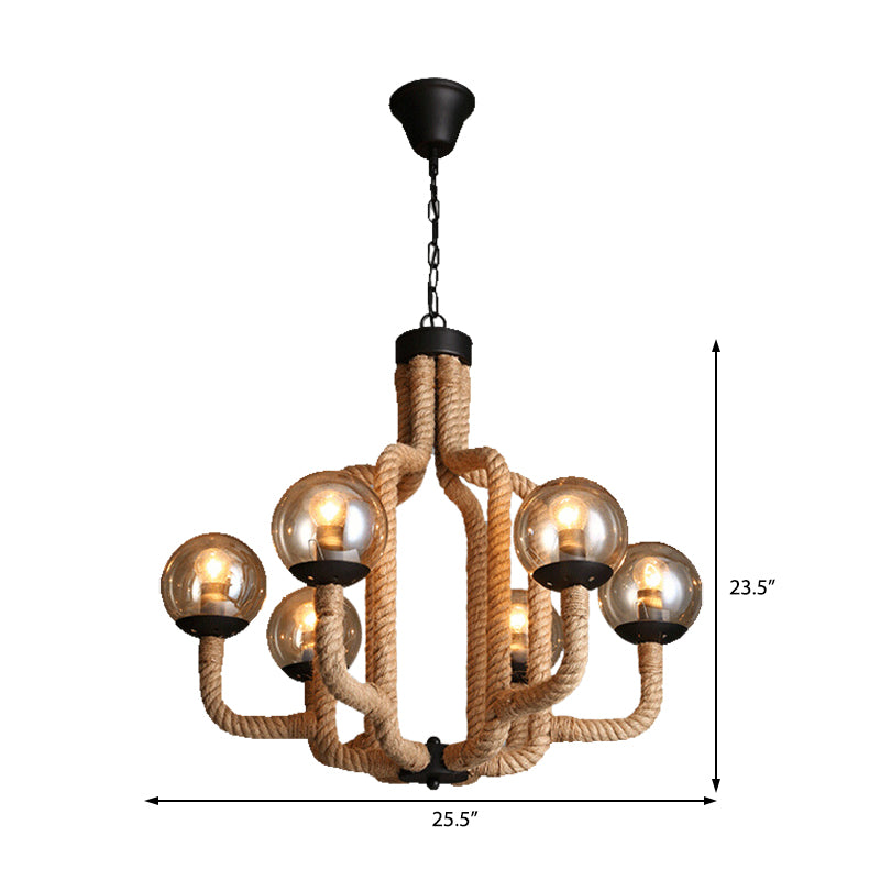 Globe Living Room Pendant Chandelier Industrial Rope 6 Lights Beige Hanging Fixture with Glass Shade Clearhalo 'Ceiling Lights' 'Chandeliers' 'Industrial Chandeliers' 'Industrial' 'Middle Century Chandeliers' 'Tiffany' Lighting' 210484