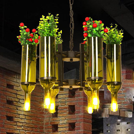 Wine Bottle Green Glass Chandelier Light Industrial 6-Light Dining Room Pendant Lighting with Flower Clearhalo 'Ceiling Lights' 'Chandeliers' 'Glass shade' 'Glass' 'Industrial Chandeliers' 'Industrial' 'Island Lights' 'Middle Century Chandeliers' 'Tiffany' Lighting' 210598