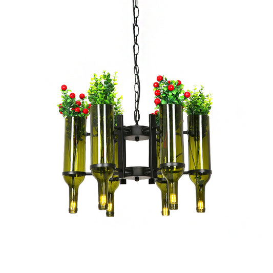 Wine Bottle Green Glass Chandelier Light Industrial 6-Light Dining Room Pendant Lighting with Flower Clearhalo 'Ceiling Lights' 'Chandeliers' 'Glass shade' 'Glass' 'Industrial Chandeliers' 'Industrial' 'Island Lights' 'Middle Century Chandeliers' 'Tiffany' Lighting' 210599