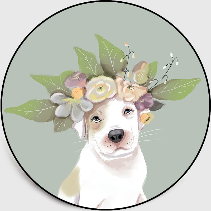 Pastel Color Kids Room Rug Nordic Dog Wearing Wreath Portrait Rug Polyester Non-Slip Backing Washable Pet Friendly Carpet Gray-Green Clearhalo 'Area Rug' 'Rug' 2106057