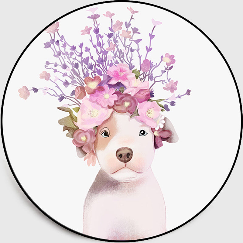 Pastel Color Kids Room Rug Nordic Dog Wearing Wreath Portrait Rug Polyester Non-Slip Backing Washable Pet Friendly Carpet White Clearhalo 'Area Rug' 'Rug' 2106062