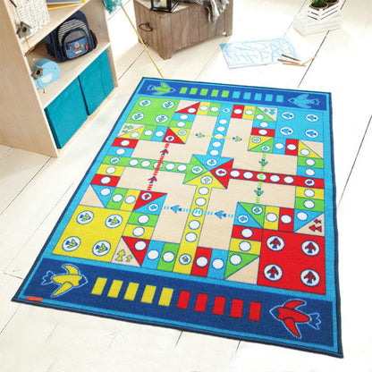 Playable Kids Rug Blue Aeroplane Chess Game Rug Non-Slip Backing Pet Friendly Stain Resistant Carpet for Kindergarten Blue 3'3" x 4'3" Clearhalo 'Area Rug' 'Rug' 2106524