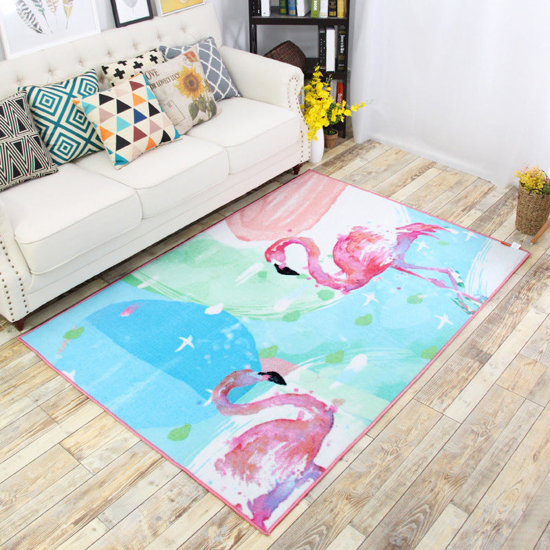 Decorative Childrens Art Rug Multi-Color Flamingo Drawing Rug Non-Slip Backing Pet Friendly Machine Washable Rug for Room Blue 4'4" x 6'3" Clearhalo 'Area Rug' 'Rug' 2106530