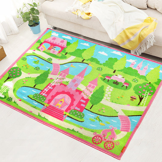 Cute Castle Landscape Print Rug Pink Cartoon Area Carpet Synthetics Stain Resistant Anti-Slip Backing Washable Rug for Kids Room Clearhalo 'Area Rug' 'Rug' 2106536