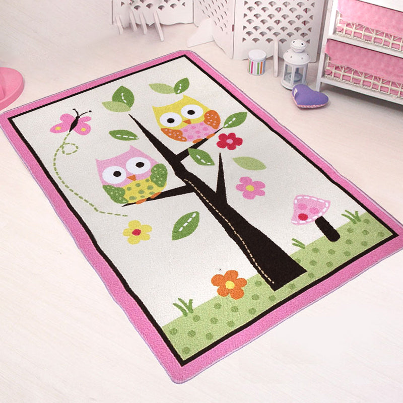 Pink Owl Drawing Print Rug Polyester Cartoon Rug Anti-Slip Backing Machine Washable Pet Friendly Carpet for Nursery Clearhalo 'Area Rug' 'Rug' 2106547