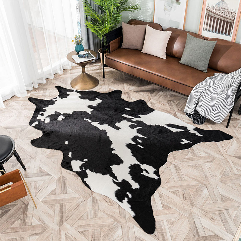 Shaggy Cow Skin Area Rug Black and White Contemporary Rug Polyester Non-Slip Washable Pet Friendly Carpet for Home Black-White 2'7" x 3'5" Clearhalo 'Area Rug' 'Casual' 'Rugs' Rug' 2106610