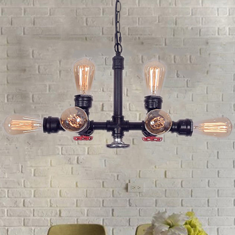 Black Water Pipe Chandelier Lamp Industrial Metal 8-Light Living Room Hanging Light with Valve Clearhalo 'Cast Iron' 'Ceiling Lights' 'Chandeliers' 'Industrial Chandeliers' 'Industrial' 'Metal' 'Middle Century Chandeliers' 'Rustic Chandeliers' 'Tiffany' Lighting' 210676
