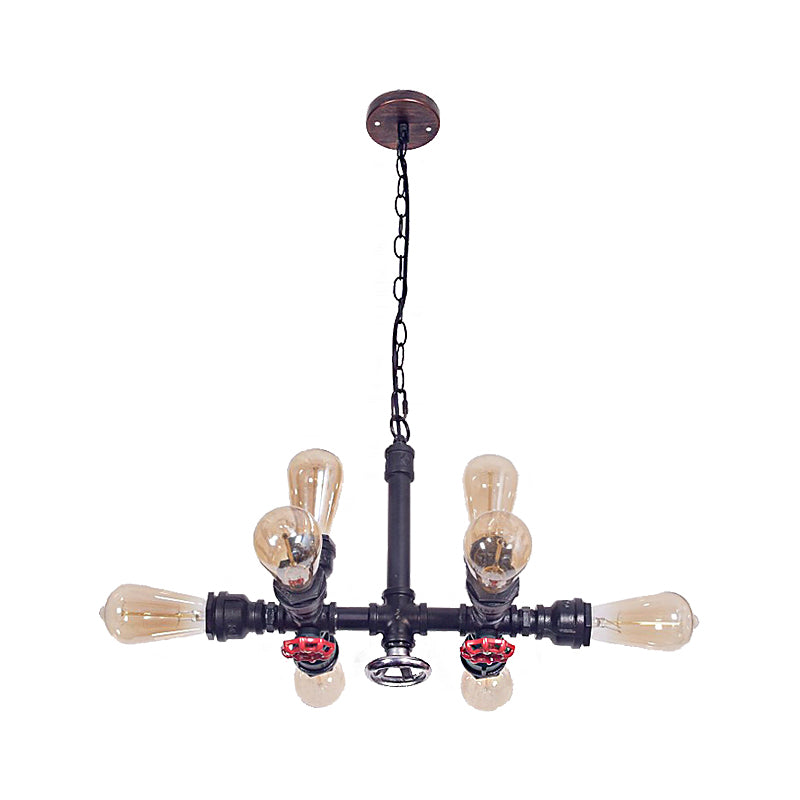 Black Water Pipe Chandelier Lamp Industrial Metal 8-Light Living Room Hanging Light with Valve Clearhalo 'Cast Iron' 'Ceiling Lights' 'Chandeliers' 'Industrial Chandeliers' 'Industrial' 'Metal' 'Middle Century Chandeliers' 'Rustic Chandeliers' 'Tiffany' Lighting' 210677