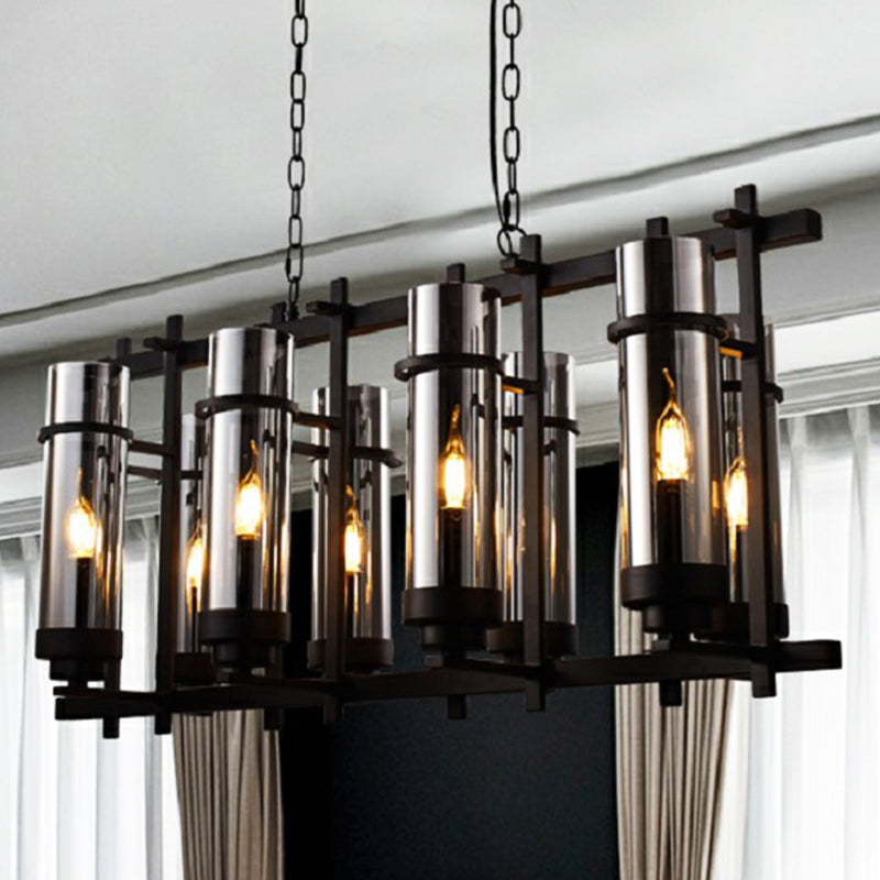 Smoked Glass Black Pendant Lamp Cylinder 8-Light Industrial Chandelier Light Fixture Clearhalo 'Ceiling Lights' 'Chandeliers' 'Glass shade' 'Glass' 'Industrial Chandeliers' 'Industrial' 'Middle Century Chandeliers' 'Tiffany' Lighting' 210700
