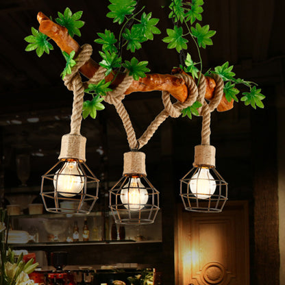 3-Light Caged Bubble Island Lamp Industrial Beige Metal and Rope Pendant Light Fixture Beige Clearhalo 'Ceiling Lights' 'Island Lights' Lighting' 210713