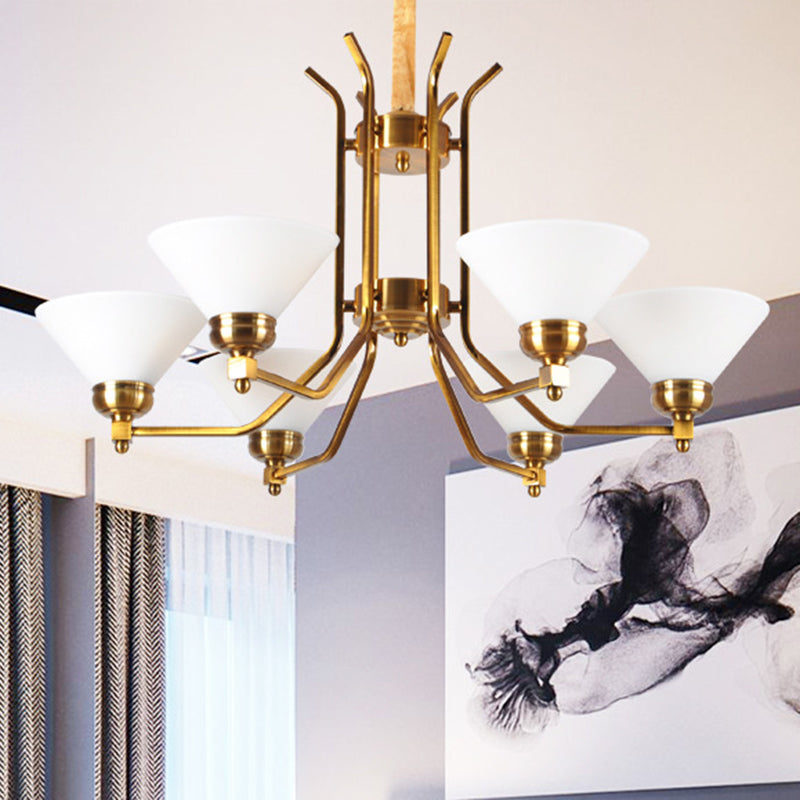 Cone White Glass Chandelier Lighting Traditional 3/6 Lights Living Room Pendant Lighting in Gold Clearhalo 'Ceiling Lights' 'Chandeliers' Lighting' options 210807