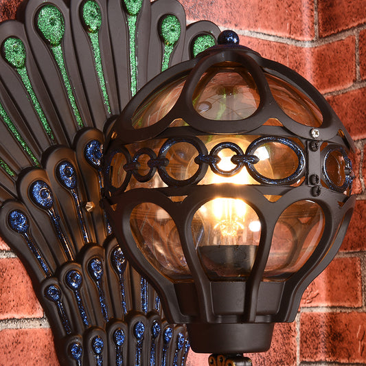 Clear Glass Sphere Wall Light Classic 1 Head Courtyard Wall Lighting Fixture with Peacock Backplate in Black Clearhalo 'Wall Lamps & Sconces' 'Wall Lights' Lighting' 2108075