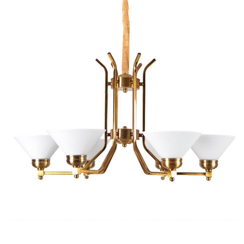 Cone White Glass Chandelier Lighting Traditional 3/6 Lights Living Room Pendant Lighting in Gold Clearhalo 'Ceiling Lights' 'Chandeliers' Lighting' options 210808