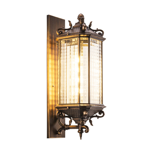 Bronze Rectangular Wall Mount Light Traditional Grid Glass Single Courtyard Wall Light Fixture Clearhalo 'Wall Lamps & Sconces' 'Wall Lights' Lighting' 2108081