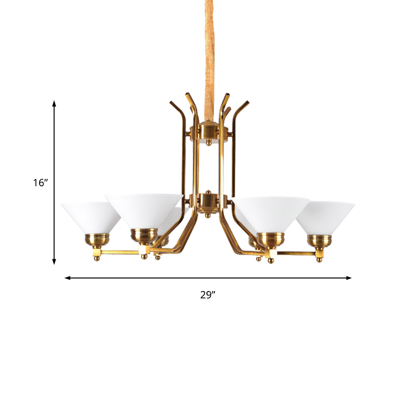 Cone White Glass Chandelier Lighting Traditional 3/6 Lights Living Room Pendant Lighting in Gold Clearhalo 'Ceiling Lights' 'Chandeliers' Lighting' options 210809