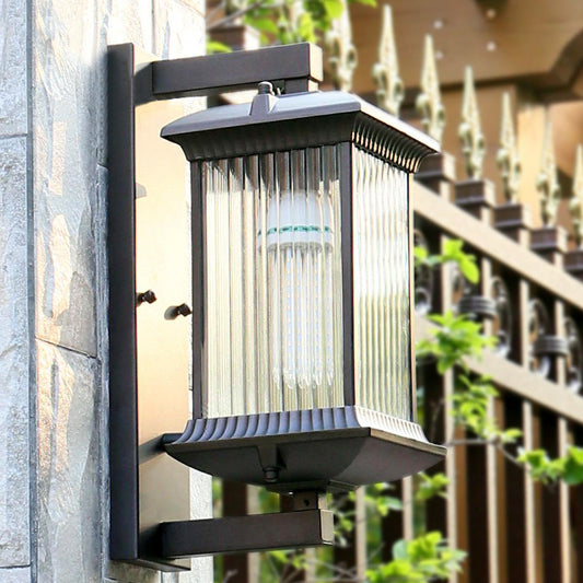 Rectangular Ribbed Glass Wall Lamp Rustic 1 Bulb Courtyard Wall Light Fixture in Coffee Clearhalo 'Wall Lamps & Sconces' 'Wall Lights' Lighting' 2108106