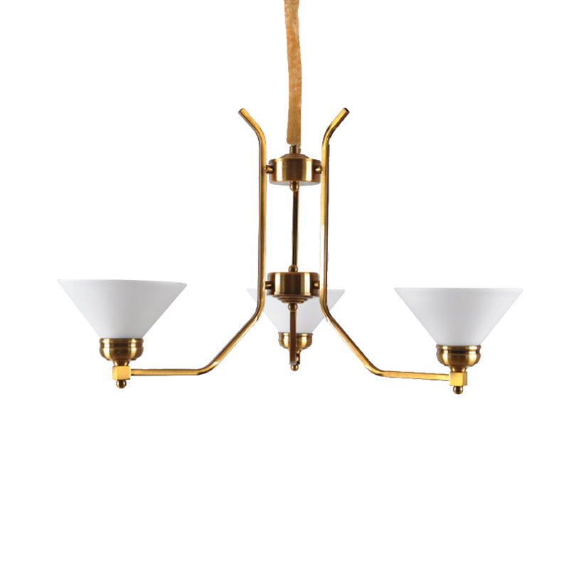 Cone White Glass Chandelier Lighting Traditional 3/6 Lights Living Room Pendant Lighting in Gold Clearhalo 'Ceiling Lights' 'Chandeliers' Lighting' options 210811
