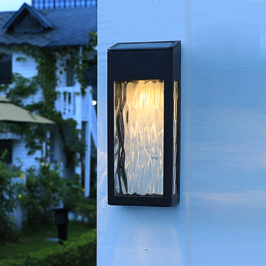 Rectangular Ripple Glass Solar Wall Light Vintage Outdoor LED Wall Mounted Lamp in Black Clearhalo 'Wall Lamps & Sconces' 'Wall Lights' Lighting' 2108110
