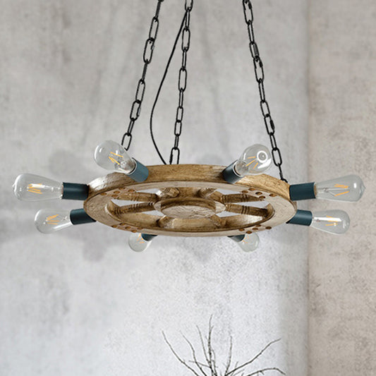 Wheel Shaped Dining Room Ceiling Chandelier Industrial Wood 8-Light Black Hanging Fixture with Chain Wood Clearhalo 'Carpenter Chandeliers' 'Ceiling Lights' 'Chandeliers' 'Industrial Chandeliers' 'Industrial' 'Middle Century Chandeliers' 'Modern' 'Tiffany' Lighting' 210816