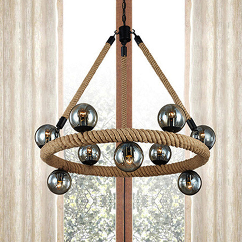 Beige 9 Lights Chandelier Light Fixture Industrial Rope Spherical Pendant Lamp for Dining Room with Glass Shade Clearhalo 'Ceiling Lights' 'Chandeliers' 'Industrial Chandeliers' 'Industrial' 'Middle Century Chandeliers' 'Tiffany' Lighting' 210822