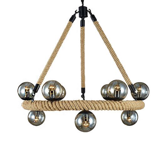 Beige 9 Lights Chandelier Light Fixture Industrial Rope Spherical Pendant Lamp for Dining Room with Glass Shade Clearhalo 'Ceiling Lights' 'Chandeliers' 'Industrial Chandeliers' 'Industrial' 'Middle Century Chandeliers' 'Tiffany' Lighting' 210823