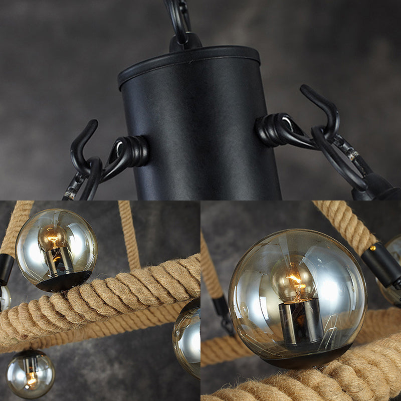 Beige 9 Lights Chandelier Light Fixture Industrial Rope Spherical Pendant Lamp for Dining Room with Glass Shade Clearhalo 'Ceiling Lights' 'Chandeliers' 'Industrial Chandeliers' 'Industrial' 'Middle Century Chandeliers' 'Tiffany' Lighting' 210825