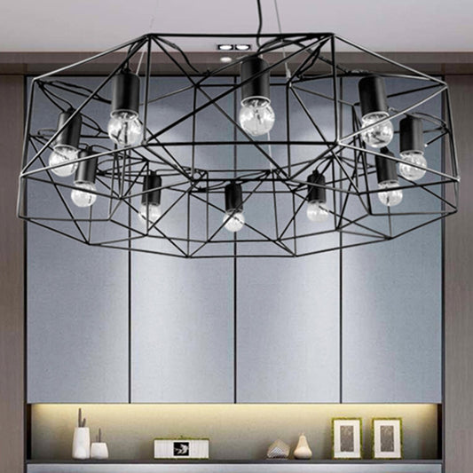 Black Geometric Pendant Lighting Farmhouse Clear Glass 10-Light Living Room Chandelier with Cage Clearhalo 'Cast Iron' 'Ceiling Lights' 'Chandeliers' 'Industrial Chandeliers' 'Industrial' 'Metal' 'Middle Century Chandeliers' 'Rustic Chandeliers' 'Tiffany' Lighting' 210882