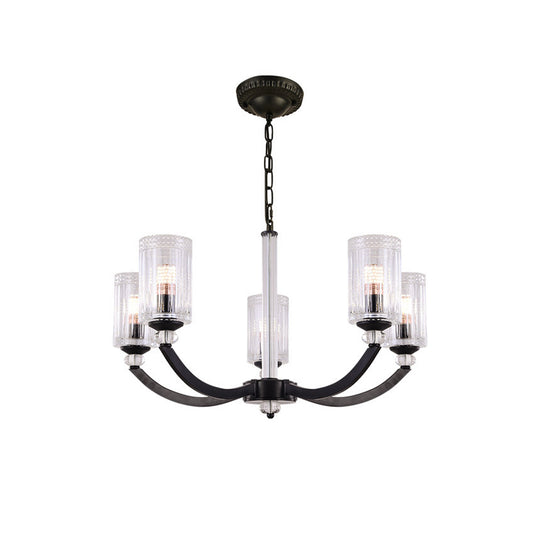 Black 5/6/8 Lights Chandelier Light Fixture Traditional Clear Textured Glass Cylinder Pendant Lamp Clearhalo 'Ceiling Lights' 'Chandeliers' Lighting' options 210915