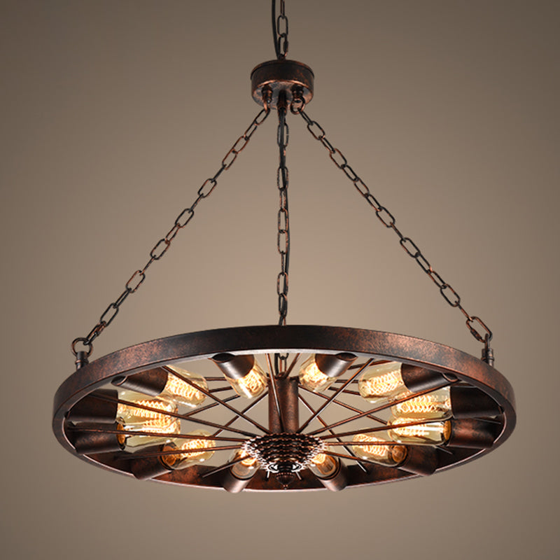 Metal Rust Pendant Lamp Wheel 12-Light Industrial Chandelier Light Fixture with Chain Rust Clearhalo 'Cast Iron' 'Ceiling Lights' 'Chandeliers' 'Industrial Chandeliers' 'Industrial' 'Metal' 'Middle Century Chandeliers' 'Rustic Chandeliers' 'Tiffany' Lighting' 210921