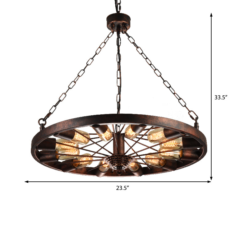 Metal Rust Pendant Lamp Wheel 12-Light Industrial Chandelier Light Fixture with Chain Clearhalo 'Cast Iron' 'Ceiling Lights' 'Chandeliers' 'Industrial Chandeliers' 'Industrial' 'Metal' 'Middle Century Chandeliers' 'Rustic Chandeliers' 'Tiffany' Lighting' 210924